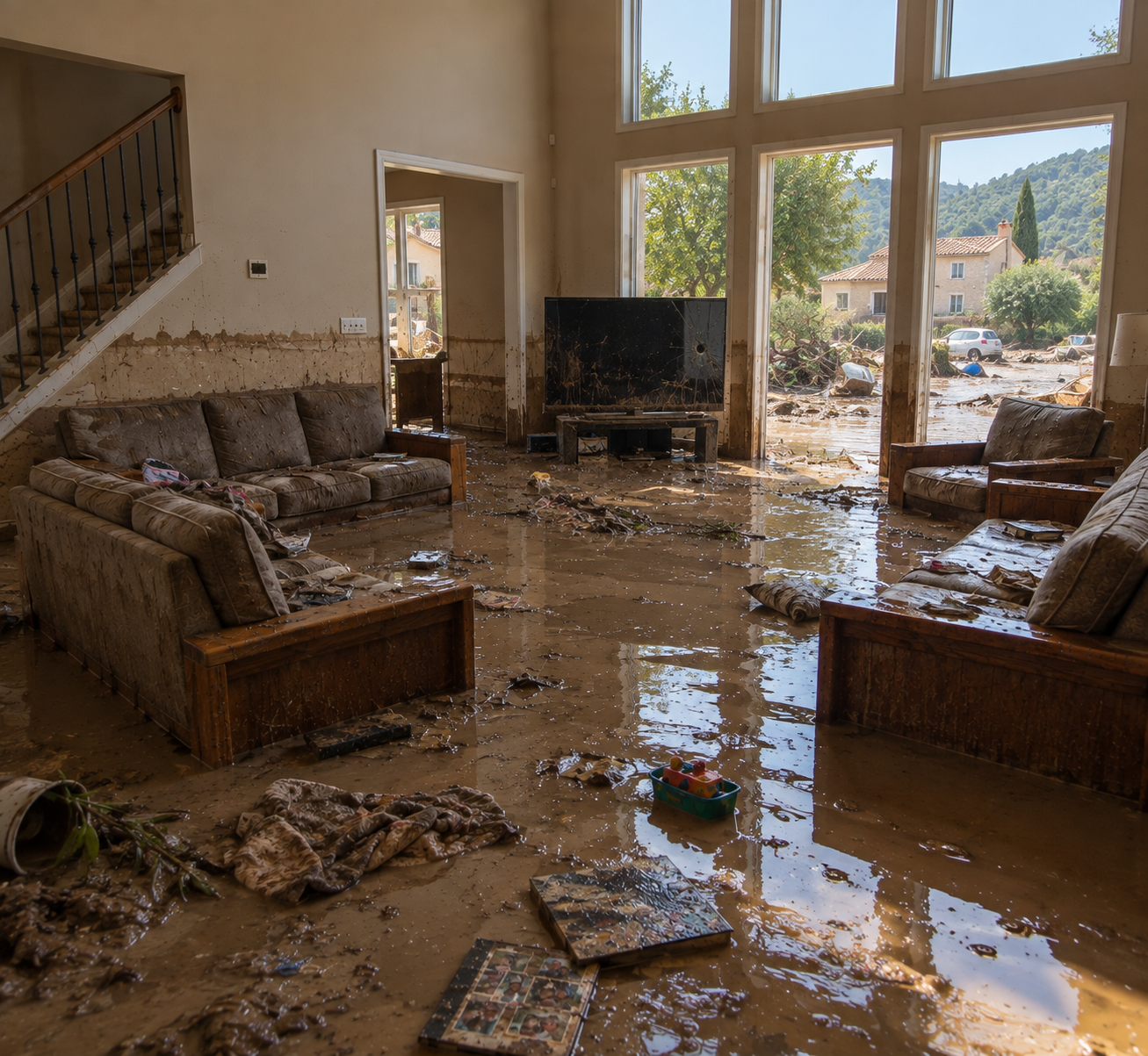 Salon d’une habitation ravagé par une inondation